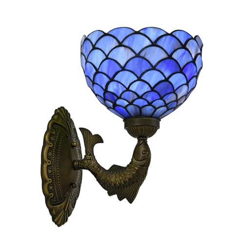 Image of Blue Purple Fish Scales Tiffany Wall Sconce 8 inch Stained Glass Wall Light with E26 Base Vintage Art Deco Wall Lamp for Bedroom Hallway Living Room Home Office (Blue Purple Fish Scales)