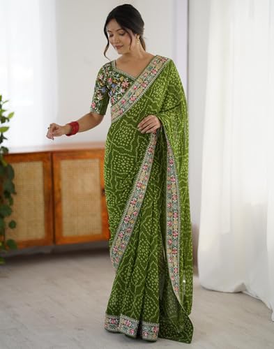 Image of SIRIL Women's Georgette Bandhani Printed Saree with Unstitched Blouse Piece
