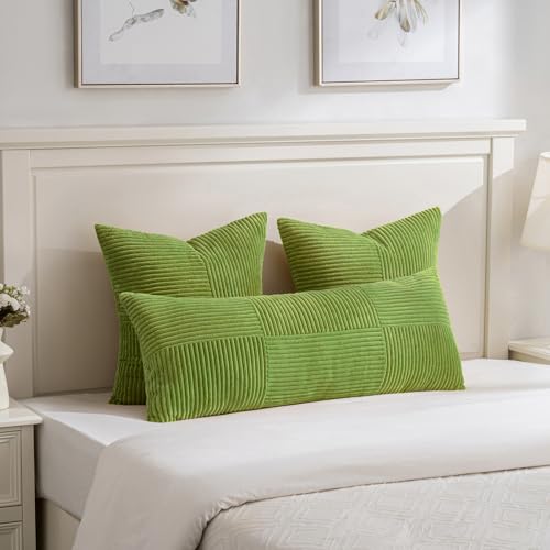 Image of Fancy Homi Set of 2 Lime Green Decorative Throw Pillow Covers 20x20 Inch for Living Room Couch Bed Sofa, Farmhouse Boho Home Decor, Soft Cross Corduroy Patchwork Accent Square Cushion Case 50x50 cm