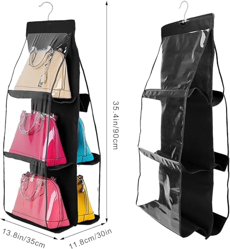 Image of Hanging Handbag Organizer - Multi-Compartment Purse Storage with Adjustable Hooks - Space-Saving Closet Organizer for Handbags, Purses, Wallets - Durable, Home (2 Pcs Black)