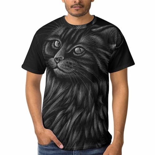 T-shirt chat noir homme à col rond et manches courtes en coton confortable