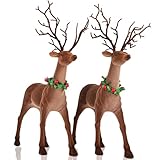 Lotus Hills Rustic Reindeer Christmas Decor Indoor, 2pcs Flocking Reindeer Figurines Christmas Table Decorations, Brown Deer Decor for Tabletop Mantel, Reindeer Christmas Decorations Ornaments