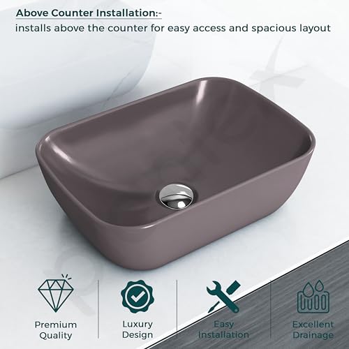 Image of Plantex Basin for Bathroom /Ceramic Table Top Wash Basin /Over Counter Washbasin for Restaurant, Hotel (Brown, 18 x 13 x 5.5 Inch)