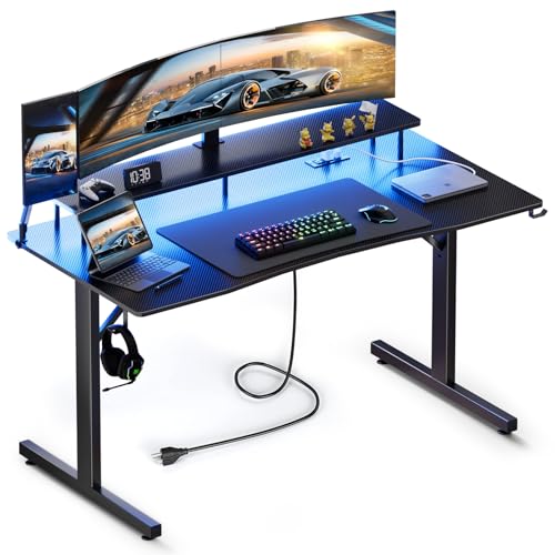 COMHOMA 55 Inch Gaming Desk with USB Charging Ports and LED Lights, Computer Desk with Monitor Stand for Home Office, Modern Gamer Desk Table with Mouse Pad & Side Hook, Colorful