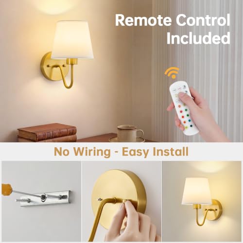 Image of Lightania Battery Operated Wall Sconces Set of 2, Gold Rechargeable Wall Lights with 10000mAh Dimmable Bulbs & Remote Control, 15 Colors Wireless Wall Lamps for Bedroom Living Room Hallway Decor