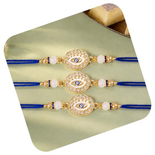 Image of Peora Evil Eye & Crystals Studded Rakhi for Brother Bhaiya | Red Thread | Raksha Bandhan Hamper with Roli Chawal Greeting Card