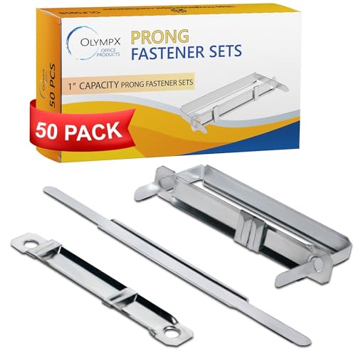 1 Inch Capacity Premium Prong Paper Fastener Complete Set, 2.75 Inch Base with Standard 2-Hole Punch for Home, Work, and School, by Olympx (50 per Box)