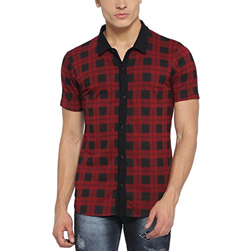 Image of CAHOOT Men Red Black Tartan Plaid Shirt for Casual Wear Spread Collar Short Sleeve Button Closure Cotton Crafted with Comfort Fit Everyday