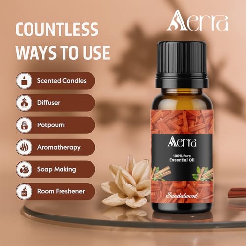 Image of Aerra Sandalwood Essential Oil (15ml) - Pure Chandan Aroma Oil for Diffuser, Puja, DIY - Woody Scent