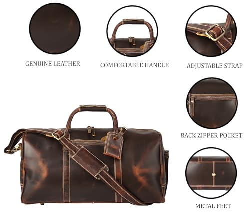 Image of KomalC Leather Duffle Bags for Men and Women Travel Overnight Weekend sports bag holdall Gym Duffel for Men (Dark Tan, 20 Inch)