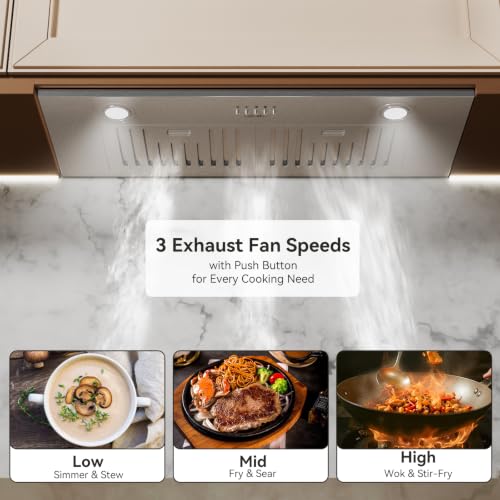 Image of Hermitlux 30 inch Built-in /Insert Range Hood, 600 CFM 3 Speed Vent Hood, Ducted /Ductless Convertible, Stainless Steel Range Hoods with Bright LED Light, Baffle Filters and Charcoal Filters