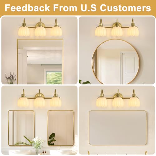 Image of Bathroom Light Fixtures (3-Light, 20 Inch), Brushed Gold Vanity Lights for Bathroom with Ribbed Milk Tulip Glass Shade, Vintage Vanity Wall Lights for Mirror Bedroom Living Room Hallway