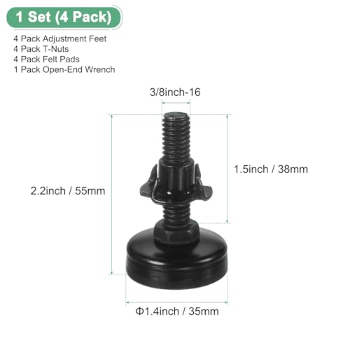Image of M METERXITY 4-Pack Furniture Feet 3 /8 inch-16 Thread W T-Nut Kit 1320LBS Black | Adjustable Furniture Leg Levelers, Adjustable Leveling Feet Supports, for Tables /Cabinets /Large Base Supports