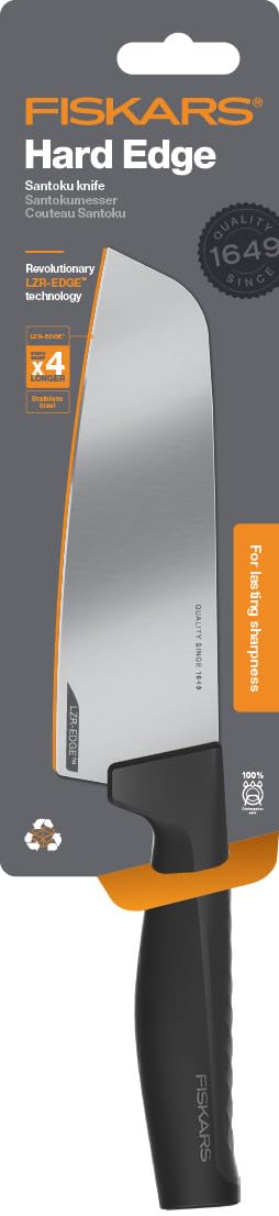Fiskars Couteau Santoku, Hard Edge, Design Élégant, Longueur totale : 29,1 cm, Acier Inoxydable/Plastique, 1051761