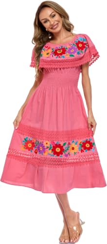 Image of Women Embroidered Mexican Dress Peasant Floral Sexy Off-Shoulder Long Dress