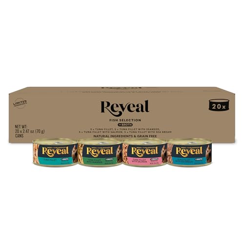 Reveal Natural Wet Canned Cat Food, Limited Ingredient, Grain Free, High Protein with No Artificial Additives, Fish Variety in Broth (20 x 2.47 oz Cans)