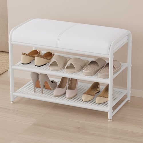 Elegante banco de almacenamiento de zapatos con cojín de piel sintética, zapatero tapizado para entrada con metal y moderno nizer de pasillo (blanco, 50 x 32,5 x 48 cm)