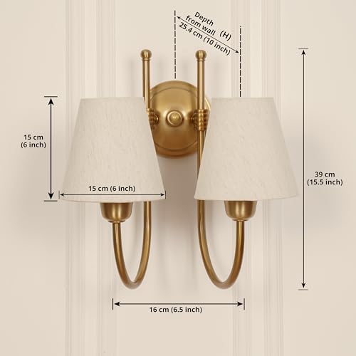 Image of Divine Trends Double Hockey Wall Light Antique Brass Finish with Off White Shade for Living Room, Bedroom, Home Decoration Wall Lamp - Pack of 1