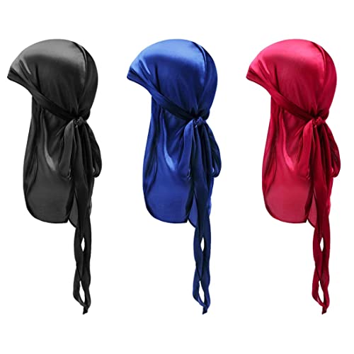 3 Casquettes Soyeuses Bonnet Élastique Wave Bandeaux Extensibles Bandeaux à Longue Queue avec Larges Bretelles et Bandes Élastiques pour Homme (Noir, Bleu, Rouge) Cover