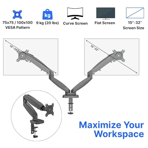 Image of UNIQ MOUNTS Premium 15''-27'' Dual Monitor Arm, 180 Swivel, 360 Rotation, +90-85 Tilt, VESA 75x75 /100x100, 9kg Weight Capacity Per Arm, 2 USB Port