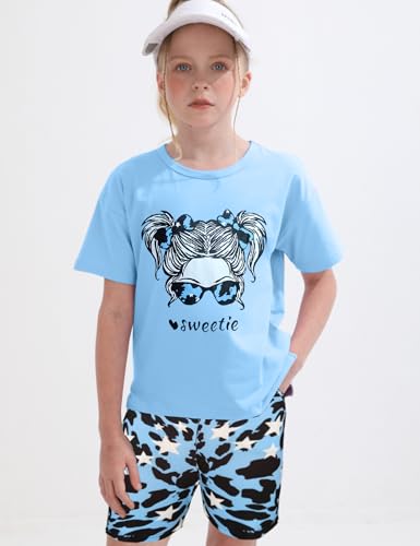 Image of mksodopy Girls Summer Clothse Graphic Print Front and Back High and Low Irregular T-shirt Cycling Shorts Set