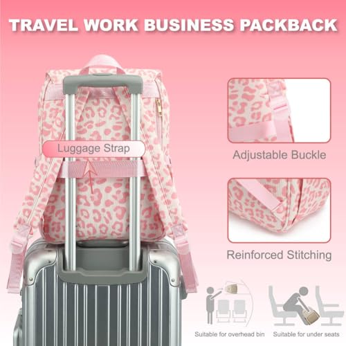 Image of Women Laptop Backpack, Corduroy 15.6 inch Travel Backpack for Work College Business, Teacher Nurse Bag with Large Capacity School Bookbag Bags for Girls - Leopard Pink