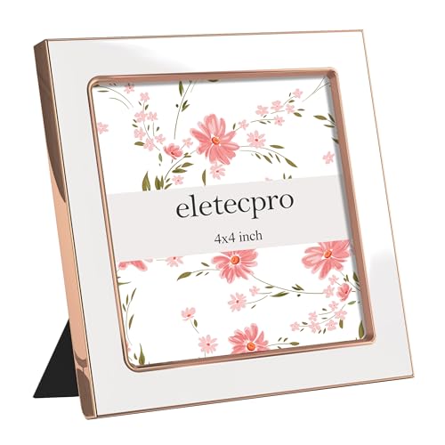 Image of eletecpro 4x4 Enamel Picture Frame with Real Glass Cover, Square Photo Frame with Rose Gold Metal Edge Display Pictures 4 by 4 for Tabletop and Wall Decor, White, 1 Pack