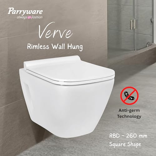 Image of Parryware VERVE Anti-Microbial Ceramic Wall Hung Western Commode for Bathroom | Rimless Washdown Flush Commode with Slim & Soft Closing Toilet Seat | Square Wall Mount Ewc | Space Saving | C022G