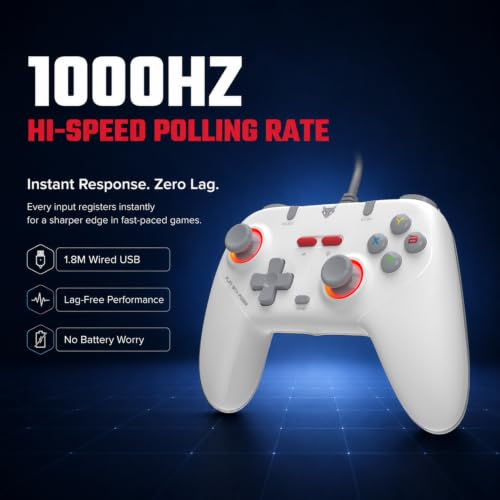 Image of EvoFox Elite S Gaming Controller for PC, 1000Hz Polling Rate, Hall Effect Joysticks, Programmable Macro Buttons, Sniper Mode, Turbo & Auto Turbo Mode, Dual Vibration, RGB Lighting, 1.8m Cable, White