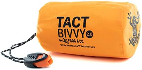 Survival Frog Tact Bivvy 2.0 Emergency Sleeping Bag w/Stuff Sack, Carabiner, Survival Whistle, ParaTinder - Compact, Lightweight, Waterproof, Reusable, Thermal Bivy Sack Cover, Shelter Kit (Orange)