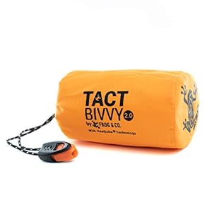 Survival Frog Tact Bivvy 2.0 Emergency Sleeping Bag w/Stuff Sack, Carabiner, Survival Whistle, ParaTinder – Compact, Lightweight, Waterproof, Reusable, Thermal Bivy Sack Cover, Shelter Kit
