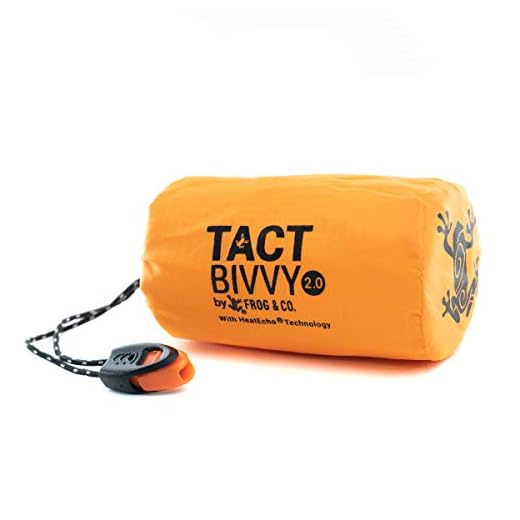 Tact Bivvy 2.0 Sac de couchage d'urgence, compact, ultra léger, imperméable, sac de bivouac thermique, kit de survie, abri d'urgence, sac de rangement, mousqueton, sifflet de survie + ParaTinder (Orange)