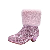 NSICBMNO Pink Girls Ankle Boots Fur Lined Winter Snow Boots Chunky Block Heeled Short Sequin Boot Side Zipper Warm Booties For Kids 3-12 Years