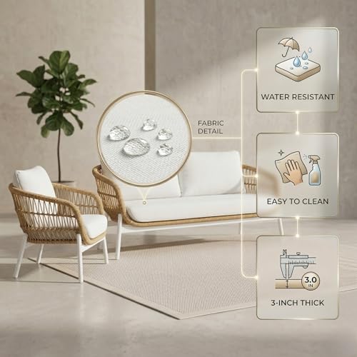 Image of LOCCUS Outdoor 4-Seater Rope Sofa Set with All-Weather Water-Resistant Cushions & Glass Top Round Coffee Table - Patio Conversation Furniture for Garden, Balcony & Poolside (Beige & Off-White)
