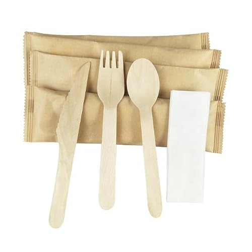 NatureZway Pro-100 Pack, Bamboo Disposable Utensil Set: Fork/Knife/Spoon with Napkin - Heavy Duty, Plant-Based, Restaurant Grade Quality - Elevate Your Dining Experience