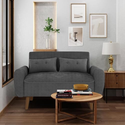 Image of Shintenchi 48'' Loveseat Sofa, Mid-Century Modern Upholstered Couch Deep Seat with 2 Pillows, 10 inch Thick Cushion with Spring, Solid Wood Frame Small Couch for Living Room, Dorms & Office, Dark Grey