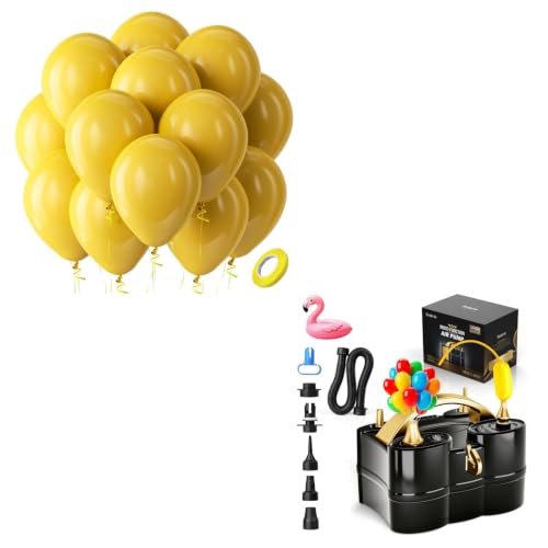 Image of Bezente Mustard Yellow Latex Party Balloons - 100 Pack 12 inch Round Helium Boho Netural Fall Balloons and Electric Balloon Pump Multiple