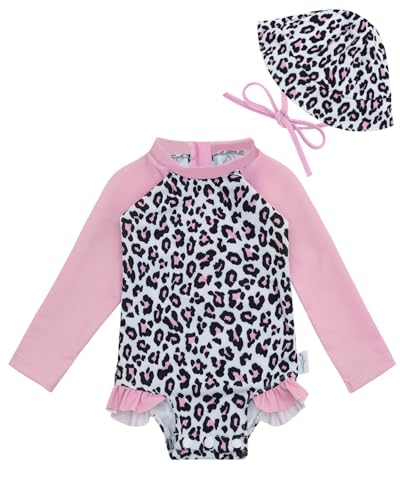 babygoal Toddler Baby Girl One-Piece Swimsuit Long Sleeve Rash Guard with Hat Set, Leopard Pint Zipper Toddler Bathing Suit for Beach & Pool- YZU04-12-18M-B