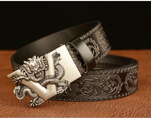 Designer Belts for Men, Genuine Leather Ratchet Dress Belt with Retro 3D Dragon Sliding Automatic Buckle3