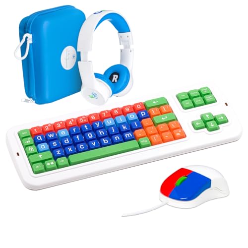 Clevy Home School Learning Bundle - Clevy Kids USB Lowercase Keyboard, Children's Colored Mouse, Hearsafe Headphones - Early Education Bundle