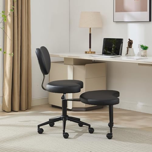Image of Active Sitting Revolution Office Chair - Cross-Legged & Kneeling Positions, 4.2 inch Thick Cushion, 360 Footstool, 250lbs Weight Support, Home Office /Yoga /Meditation (PU Leather, Black)