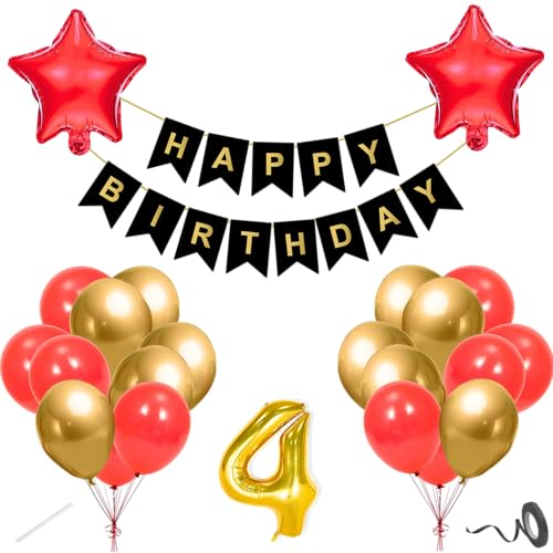 Image of Flyloons 4th Happy Birthday Decoration Kit Red Gold for Baby Boys Girls Kids Twins With 20 Pcs Chrome Balloons Birthday Banner 2 Pcs Star Items Set