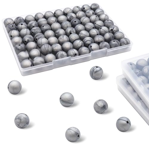 DIYOMR 70Pcs Silicone Beads, 15mm Silicone Round Bead for Keychain Making Loose Rubber Beads for Bracelet Lanyards Jewelry Making Kit Bulk Bead for DIY Crafts (C1-Textured Silver)