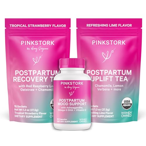 Image of Pink Stork Postpartum Essentials for Hormone Balance, Recovery, and Mood Support for Women - Postnatal Vitamins with Ashwagandha, Raspberry Leaf Tea, and Chamomile Tea - Gifts for New Mom - Set of 3