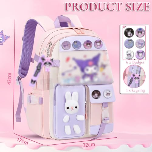 Image of Cute Pastel Contrasting Color Anime Cartoon School Backpack for Girls, Kawaii Large Capacity Bunny Bag, Lightweight Casual Travel Daypack Multi-Compartment Bookbag for Elementary School Kids