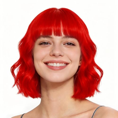 PARXITN Perücke Damen Rot Bob Perücken mit Pony Lockig Gewellt Wig für Frauen Cosplay Halloween Kostüm Karneval Fasching Perücken