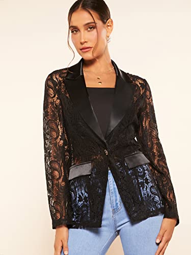 WDIRARA Women's Floral Lace Mesh One Button Lapel Neck Long Sleeve Elegant Jacket Blazer4
