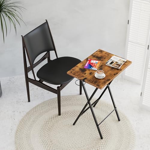 Image of VECELO Folding TV Tray for Eating Set of 2, Portable Dinner /Snack Table with Cup Holder for Couch, Living Room and Small Space, Antique Brown