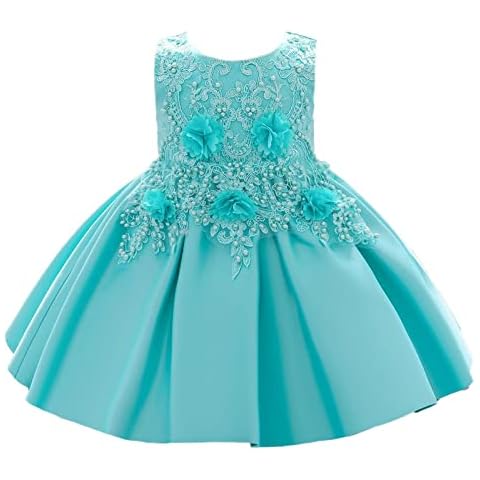 Baptism Dresses Baby Girl 36 Months, Toddler Girl Dress Up 2-3 Years Sleeveless Cyan Embroidered Dress with Tie Waist Cover