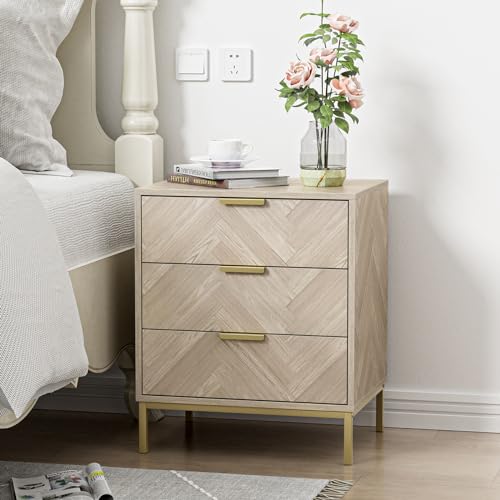Yvsevnr Mesitas de Noche con 3 Cajones, Mesita Habitacion, Mesillas de Noche Dormitorio, Mesa Cabecera Madeira con Patas de Metal, para Salón, Dormitorio, Estudio, Moderno, Espiga
